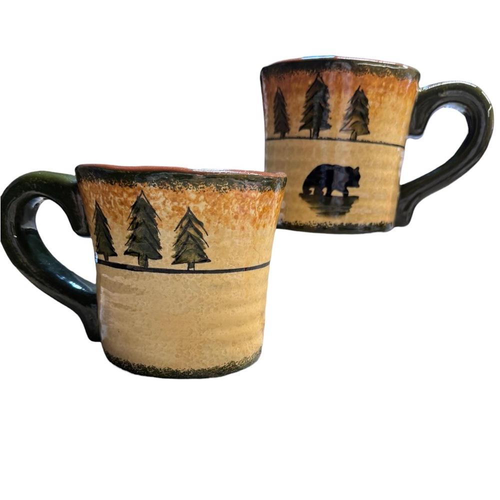 HIEND Accents set(2) Nature-Inspired Bear/Pine Tree Rustic Mugs Green/Black/Tan